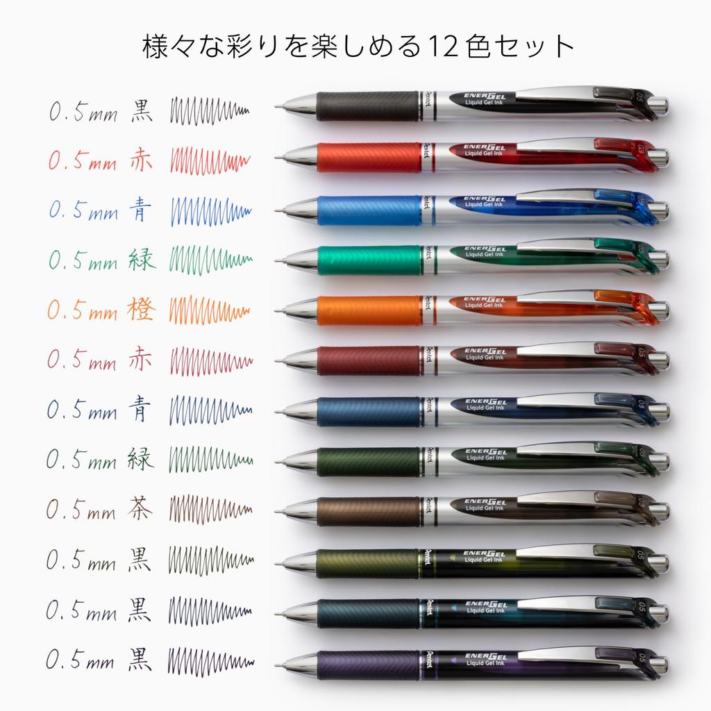 Pentel Energel Gel Ink Ballpoint Knock 12 Colors Pen, Type, 0.5mm, BLN75-12AMZ,