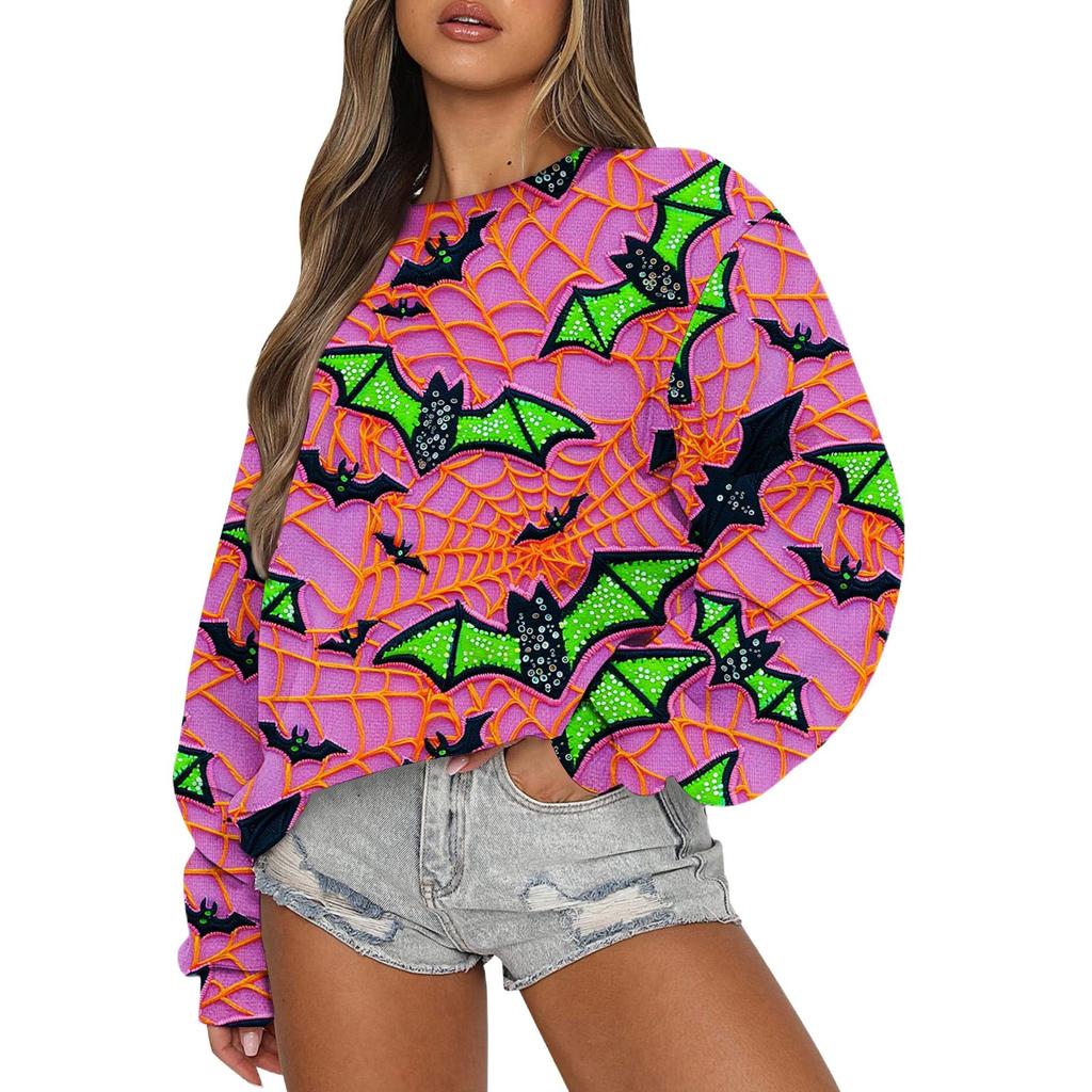 Свитшоты для женщин с длинным рукавом на Хэллоуин, повседневные, с круглым вырезом, свободные, пуловеры, свитшоты, топы