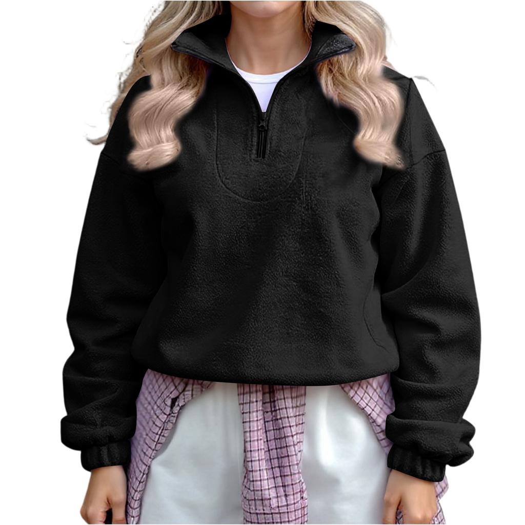 Женский модный и повседневный флисовый топ с длинным рукавом однотонной расцветки