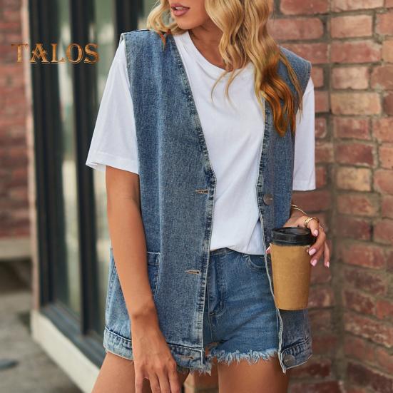 Женский джинсовый жилет с v-образным вырезом и накладными карманами без рукавов, однобортный кардиган, однотонный, повседневный, уличная одежда без рукавов, женский жилет