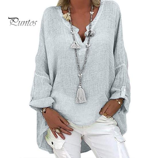 Женская рубашка с V-образным вырезом, длинным рукавом, средней длины, повседневные топы, однотонная свободная футболка из хлопка и льна, повседневная одежда