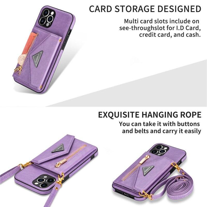 Lanyard Zipper Wallet Phone Case For iPhone 17 Pro Max 16 Plus 15 14 13 12 11 X XS XR 8 Samsung S25 Ultra S24 FE S22 S21 S20 Leather Purse Card Cover