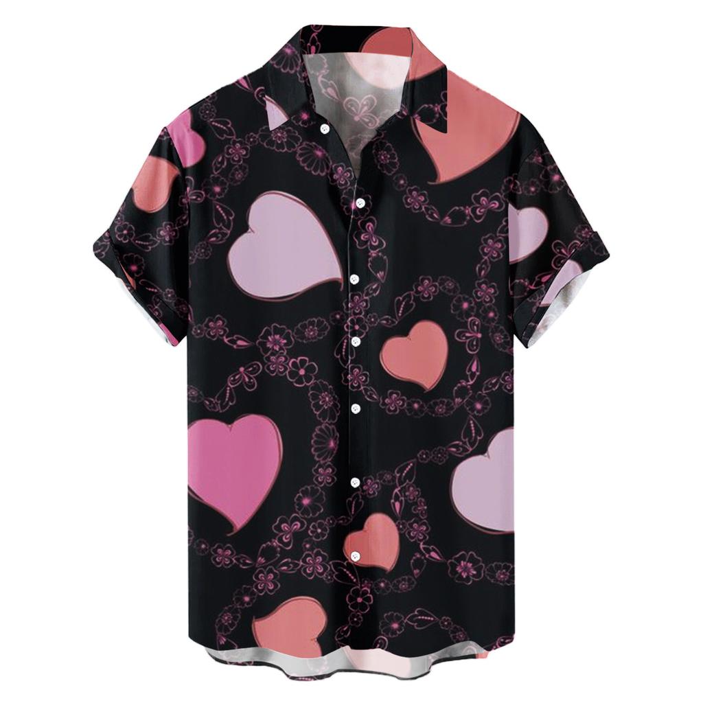 Мужская рубашка с принтом в виде сердца и любви, летняя блузка с коротким рукавом, белая на пуговицах, одежда на День святого Валентина, вечернее платье, мужские топы