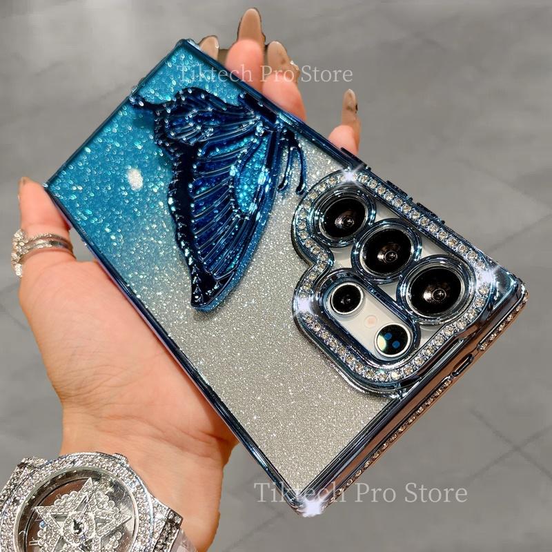 Блестящий чехол с бабочкой и бриллиантами для Samsung S25 S24 FE S23 S22 Plus Ultra A16 A06 A23 A14 A73 A54 A53 A52 A05S A55 A35 A25 A15 A24