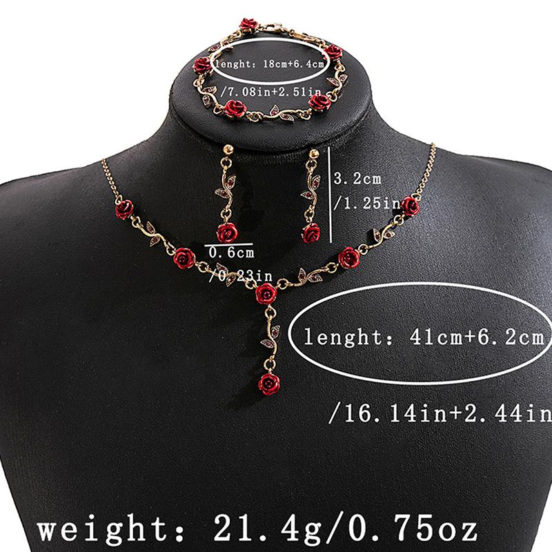 Luxurious Vintage Rose Flower Necklace Bracelet Earrings Set Elegant Women'S Party Jewelry Accessories Valentine'S Day Gift