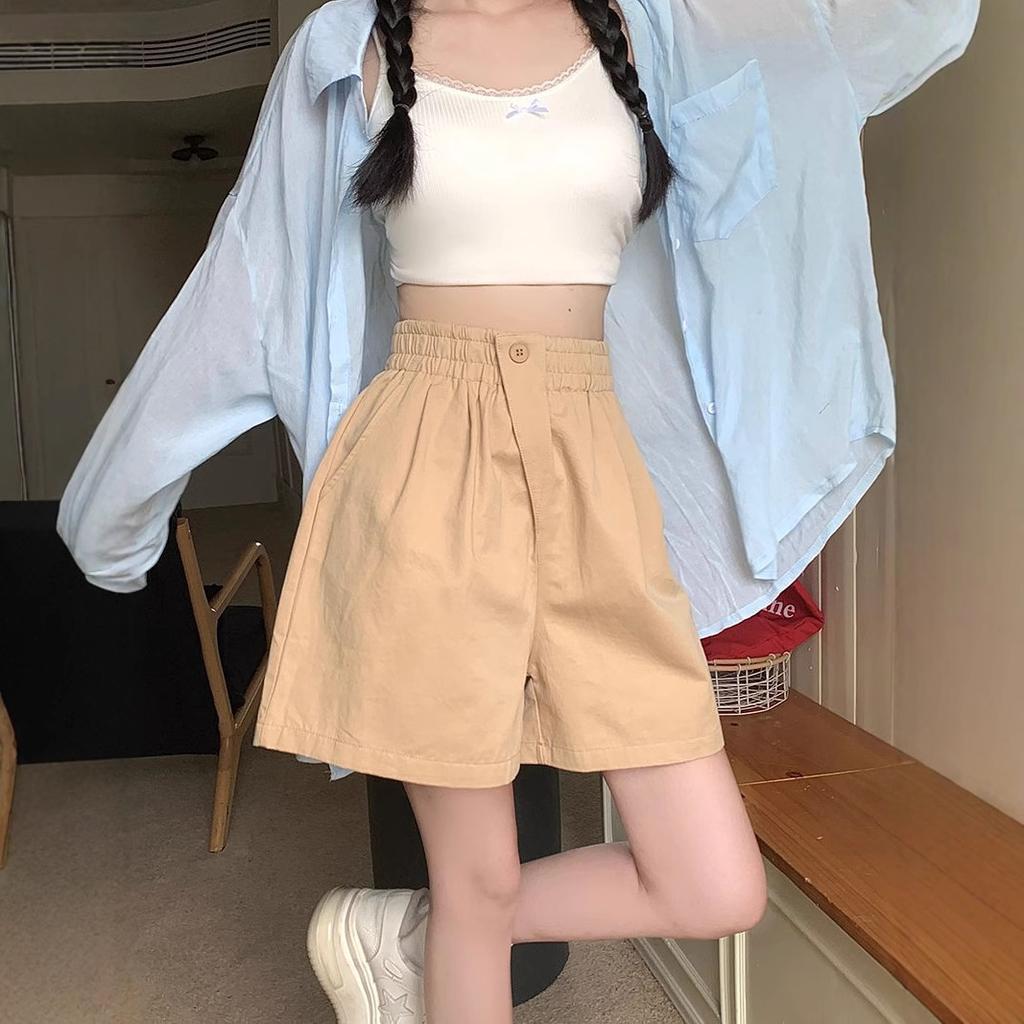 Летние широкие шорты Dopamine для женщин, эластичные, с высокой талией, на одной пуговице, повседневные брюки большого размера, универсальные, для нижней части тела