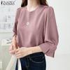 Women Casual Round Neck Solid Color Loose 3/4 Sleeve Blouse