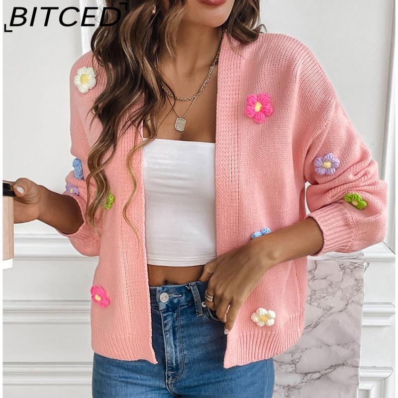 BITCED Hand-Crocheted Floral Sweet Knit Cardigan Sweater Jacket for Women Lazy-Chic Style Casual Oversized Knitwear