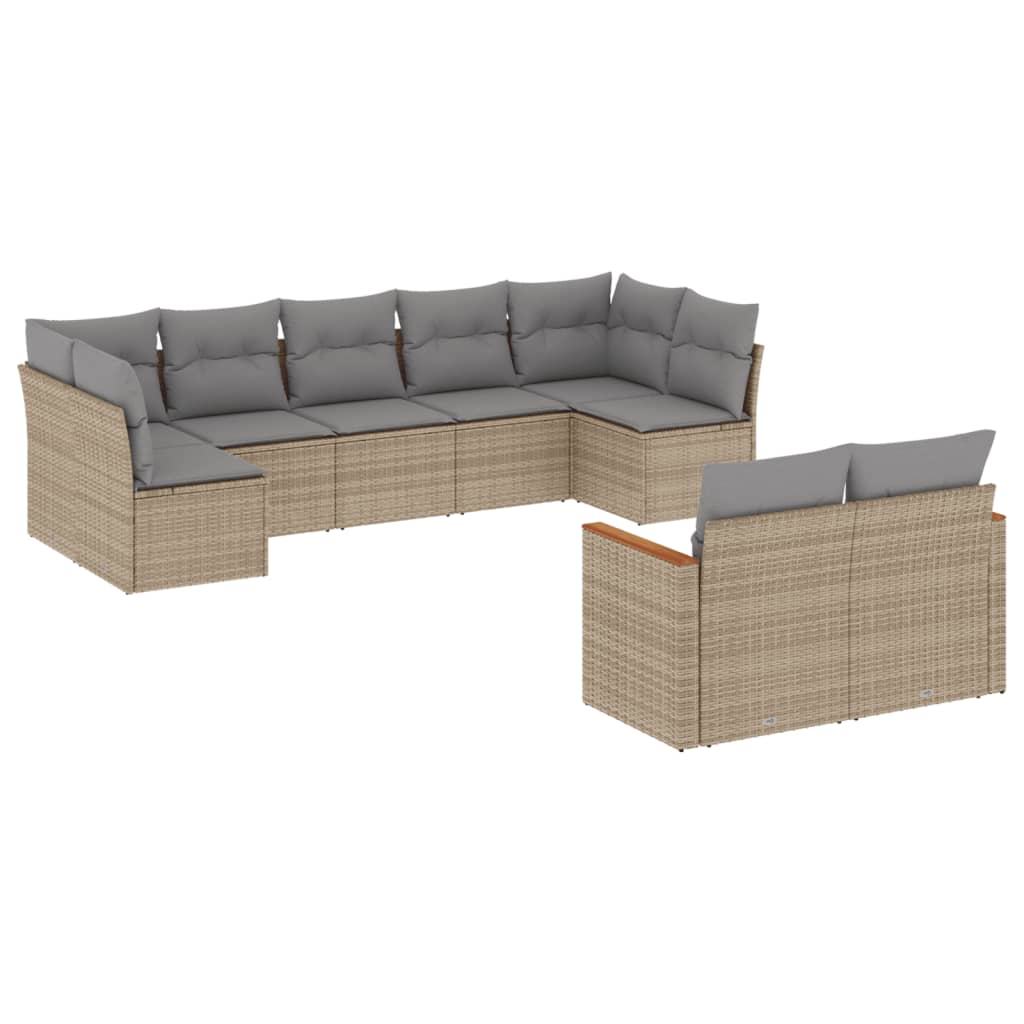 9 piece beige poly rattan garden sofa set with cushions