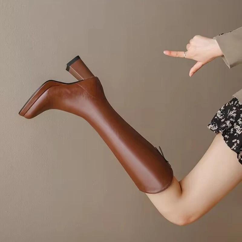 Обувь для женщин, модные, с острым носком, на толстом каблуке, женские, до колена, сапоги, зимние, теплые, коричневые, длинные сапоги