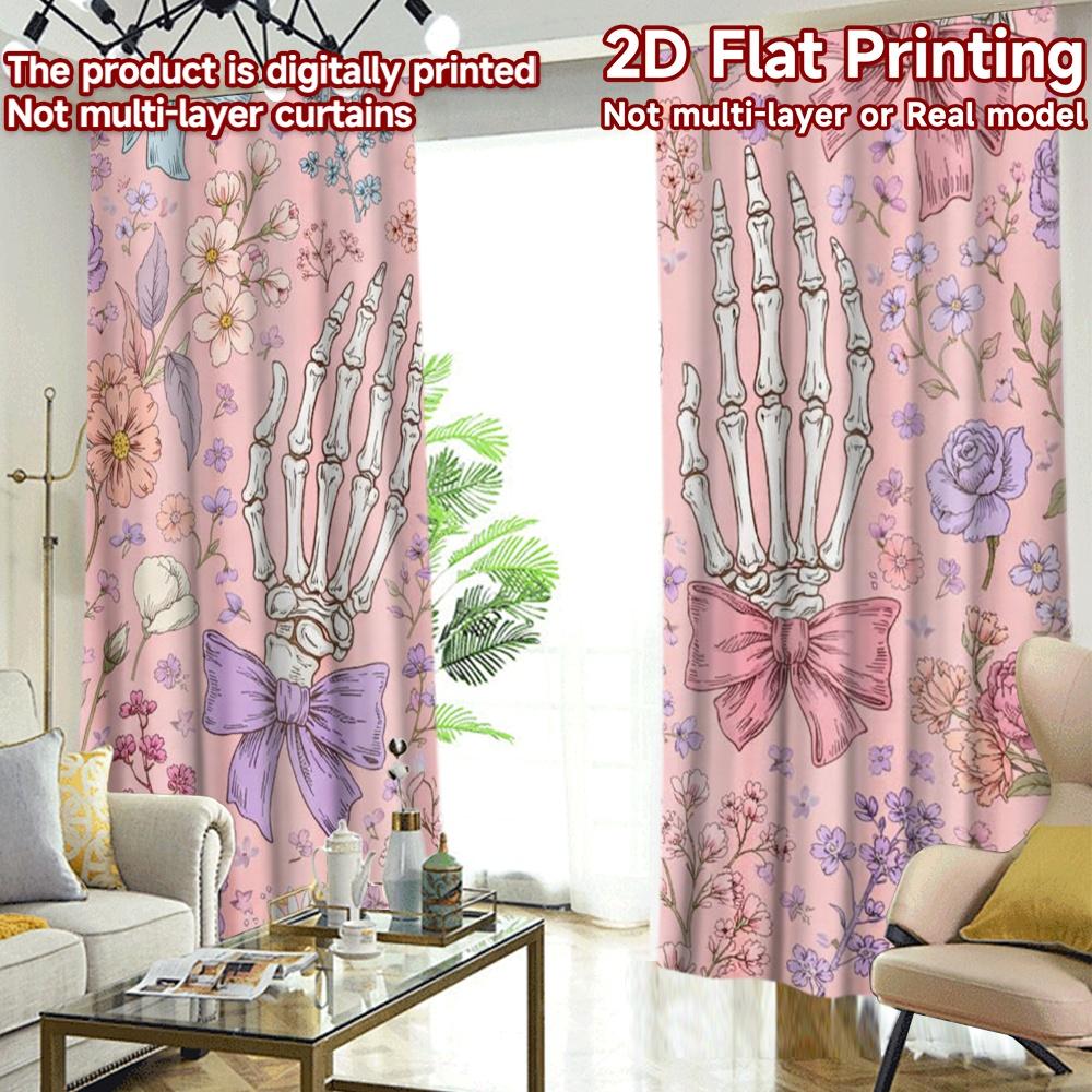 2D FLAT PRINTING 2pcs Curtains (Without Rod) Halloween Skeletons with Flowers Modern Curtains Digital Printed Machine Washable