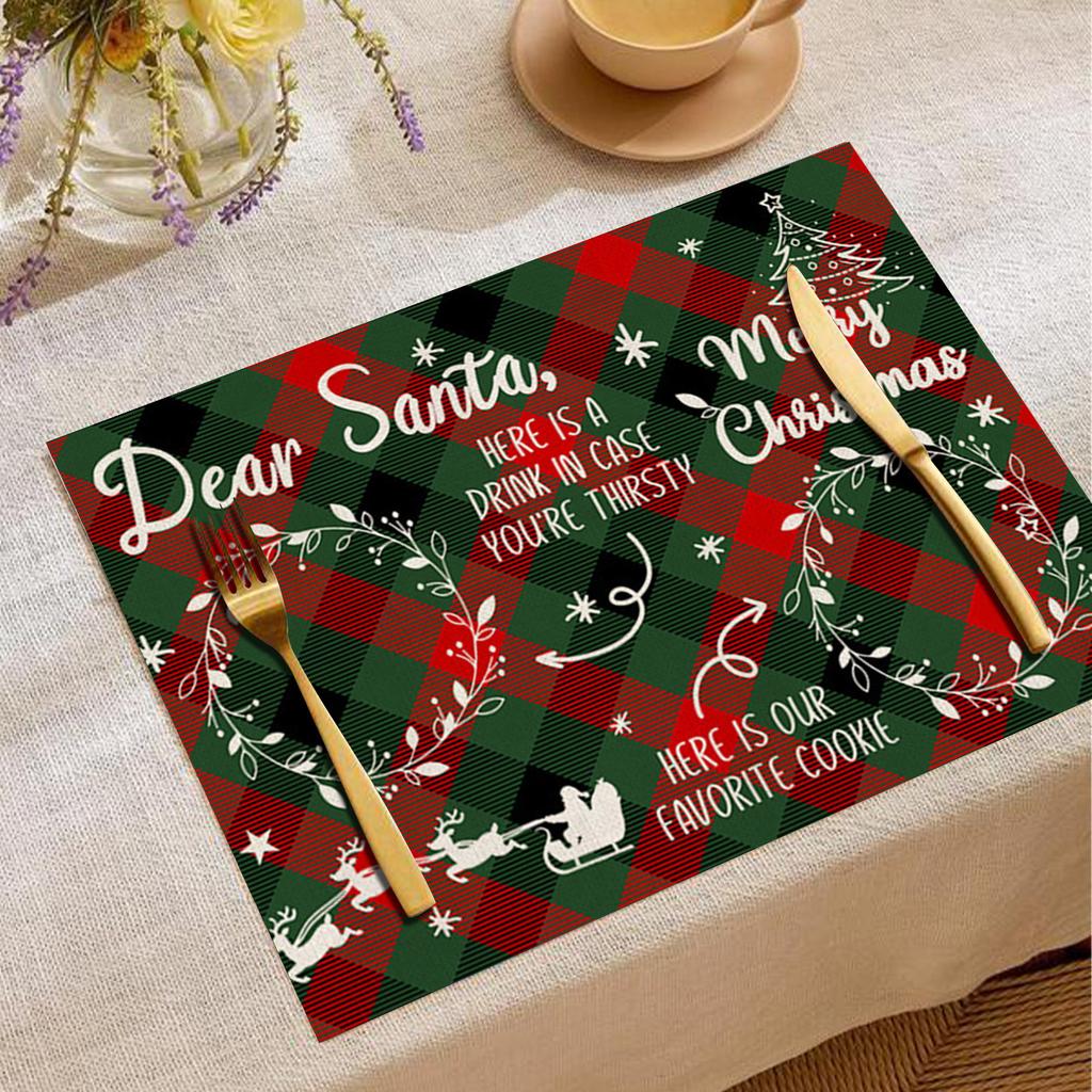 Christmas Xmas Snowflake Table Mat Red Green Plaid Holly Wreath Festive Placemat for Holiday Table Christmas Dinner Party Decor