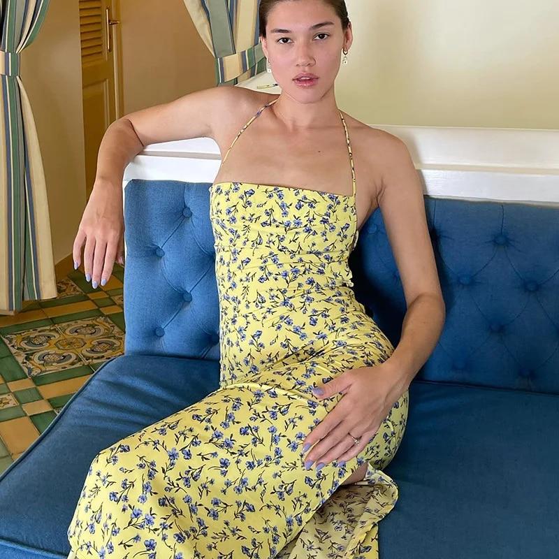 Dulzura Lace Up Halter Floral Long Dress For Women Backless Bodycon Midi Dress Sexy Party Club Outfit Streetwear Sundress Summer