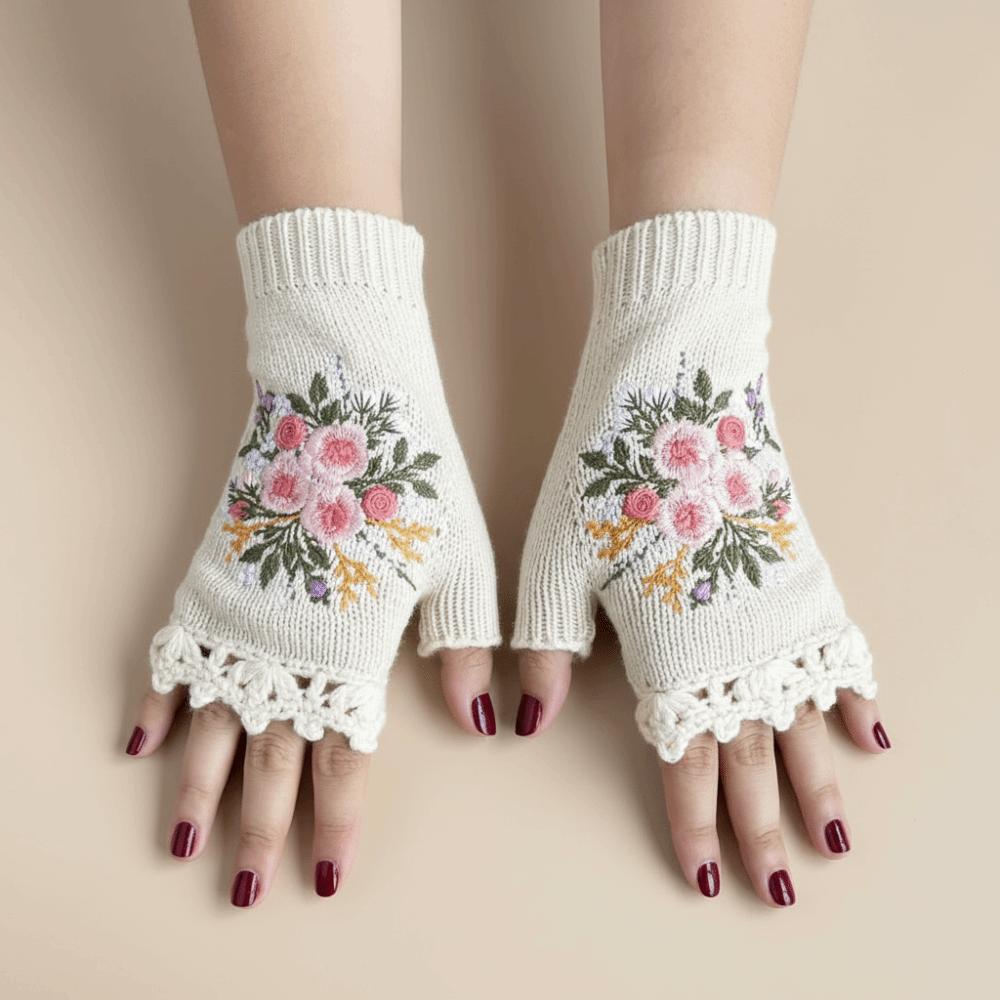 Цветочные Зимние Шерстяные Перчатки Винтажные Вязаные Крючком Варежки с Цветком Милые Вышитые Вязаные Перчатки Осень
