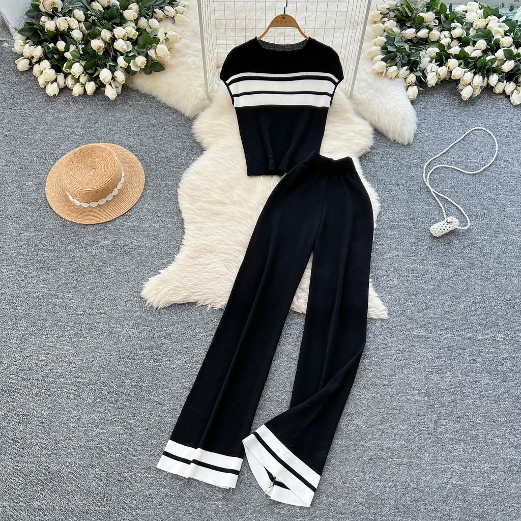 Летний женский повседневный полосатый трикотажный свитер, комплект из двух предметов, безрукавный пуловер и широкие брюки