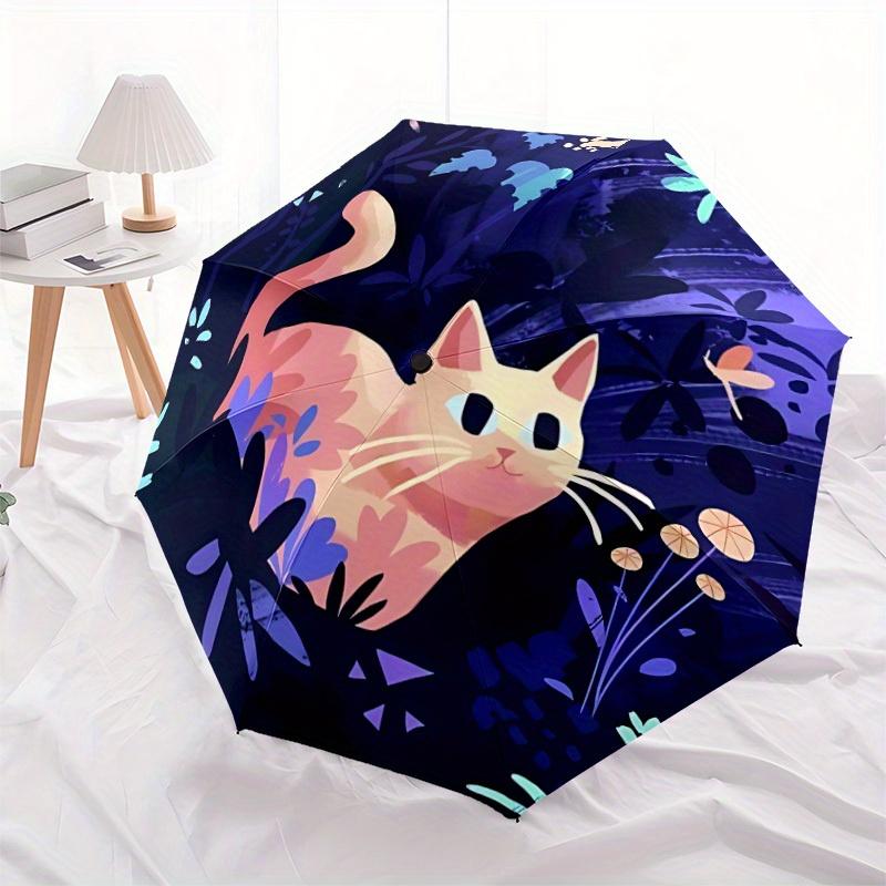 1pc Cat Garden Automatic Open/close Folding Compact Umbrella, 8-Rib Sturdy Canopy, Lightweight Portable, Everyday Use, Gift, Outdoor Umbrella, Travel