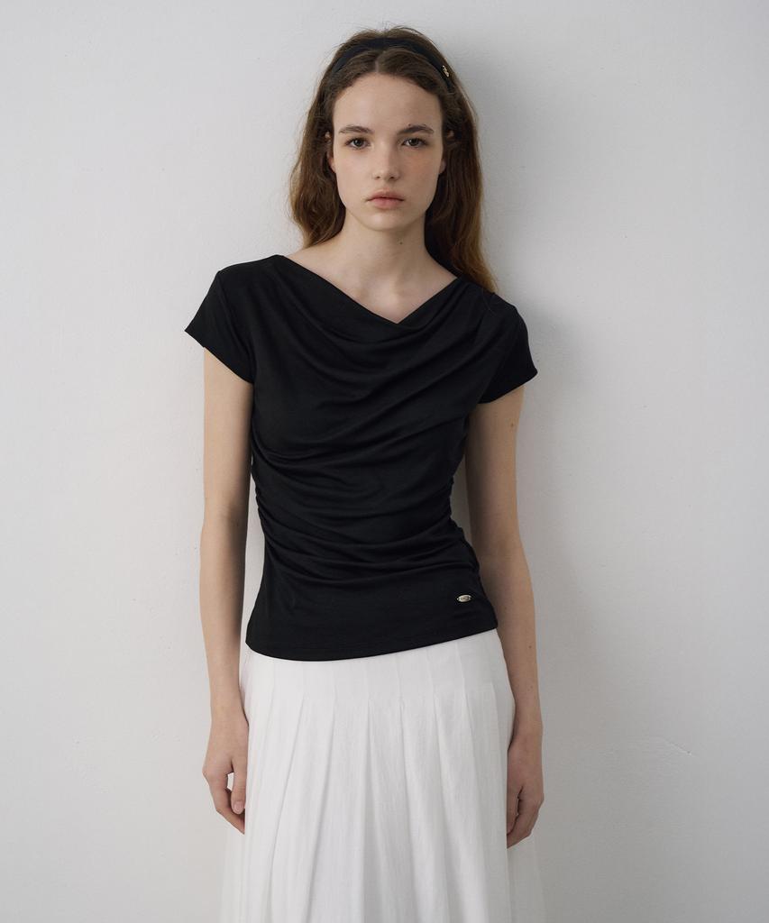 LAMEREI Drape Neck Cap Sleeve T-Shirt[Lmbfsutt619]-2Color