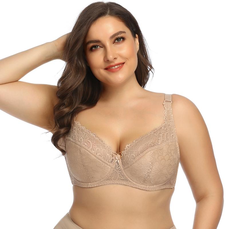 Women Full Cup Plus Size Bra Sexy Bow 3 Hooks Bras Breathable and Comfortable Lace with Wire Brassiere D E Cup
