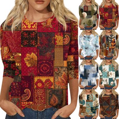 Женская модная повседневная футболка с круглым вырезом и рукавом три четверти, в стиле ретро, с цветочным принтом