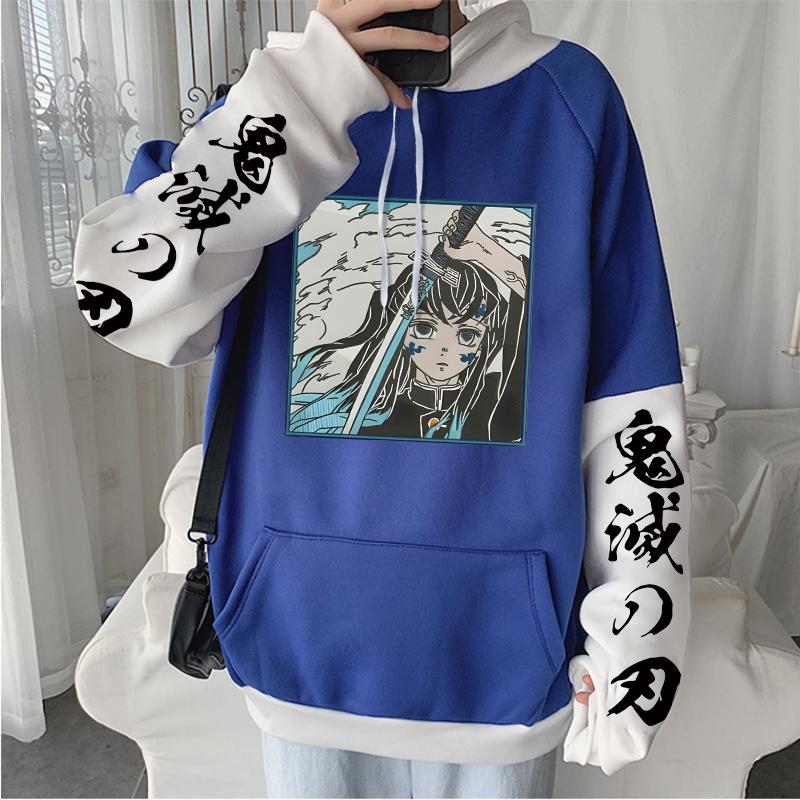 Anime Demon Slayer Tokitou Muichirou Hoodies Men Women Patchwork Casual Soft Streetwear Autumn Hip Hop Y2k Hooded Sweatshirts