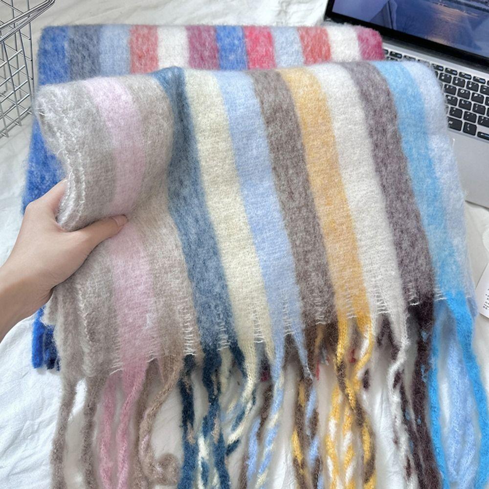 Thickening Long Tassel Scarves Rainbow Tassel Winter Cashmere Scarf Warm Shawl for Autumn Winter