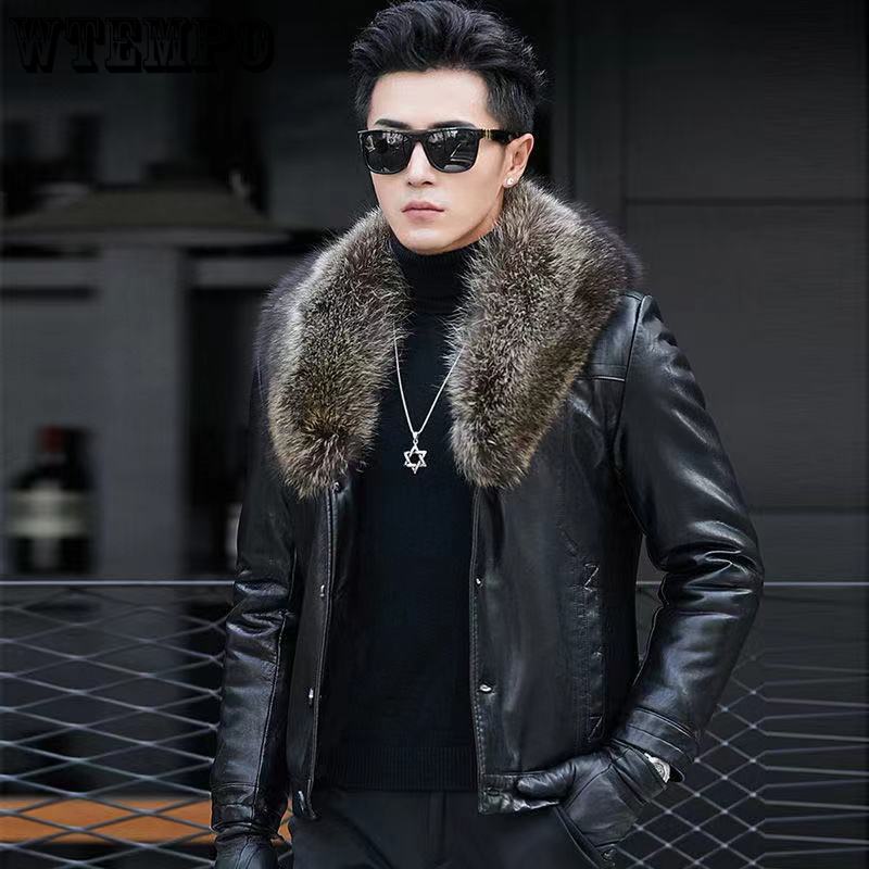 Мужская шуба из меха со съемным воротником из меха енота, модная утепленная зимняя кожаная куртка, мужская кожаная куртка