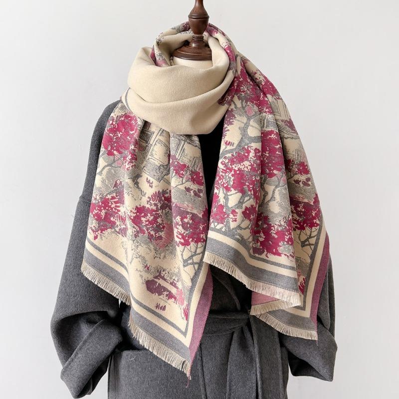 2024 Новый осенне-зимний шарф с утолщенным искусственным кашемиром, двухсторонний, противохолодный и ветрозащитный теплый шарф с принтом для женщин