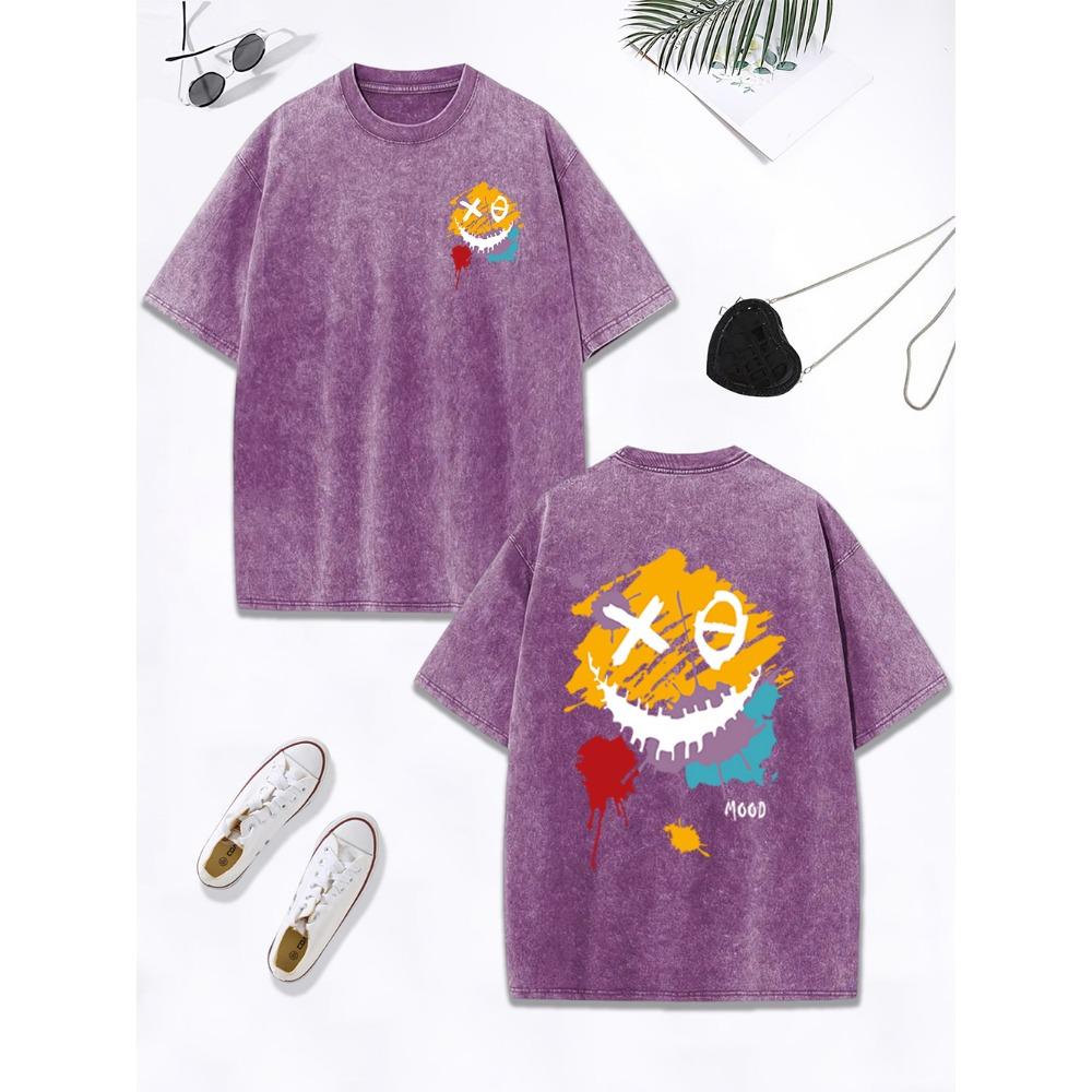 Happy Mood Paint Graffiti Prints Washed T-Shirt Women Cotton Oversized Tops Comfortable O-Neck Distressed Clothes