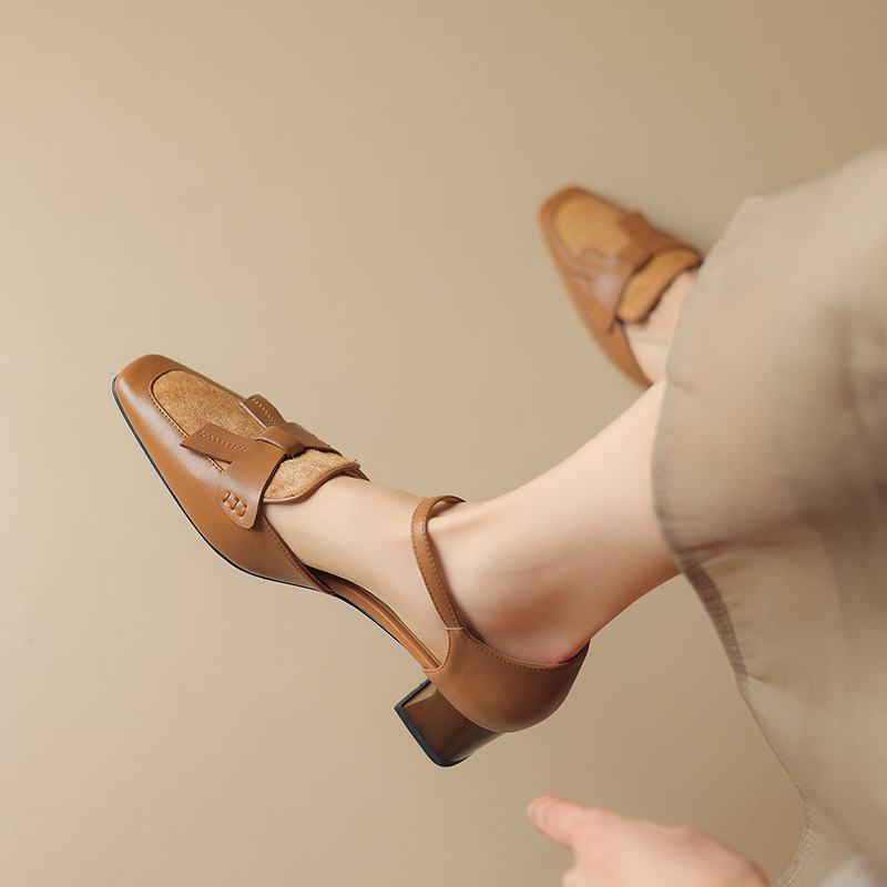 Осенне-летняя обувь из коровьей кожи с квадратным носком и конским волосом на среднем каблуке, женские туфли-лодочки на плоской подошве в лаконичном стиле с дизайном «бабочка» и ремешками на щиколотке