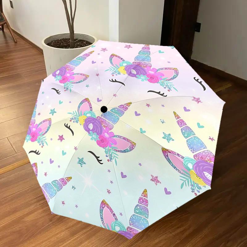 1PC Unicorn Flowers Umbrella-8-Rib Reinforced Portable Folding Travel Suitable for All Seasons Outdoor Daily Use -J0322