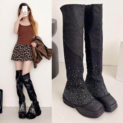 Мода 2025 Женские Модные Ботинки Квадратный Каблук Обувь Женская Высокий Каблук Платформа Кожаные Ботинки На Шнуровке Женские Ботинки с Пайетками