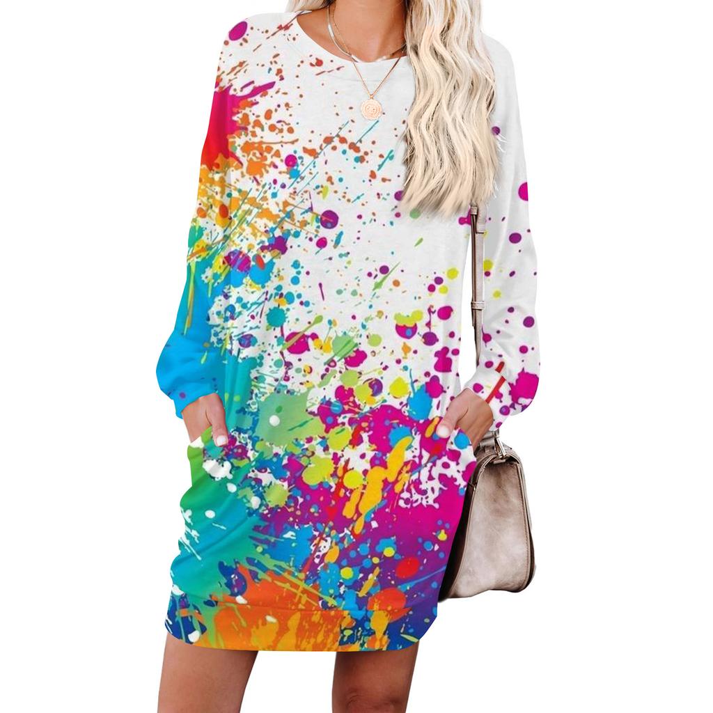 Women's Retro Printed Fashionable Long-sleeved Round-neck Pocket Dress