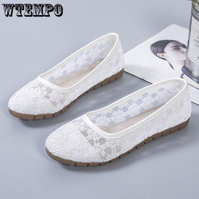 Летние туфли из тонкой полой дышащей ткани, женские кружевные сандалии с отверстиями, белые туфли на плоской подошве с неглубоким носком, нескользящая обувь