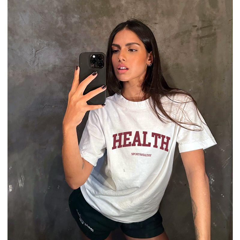 American Vintage Sports Style Health Letter Print Shoulder Niche Cotton Loose Short Sleeve T-shirt Women