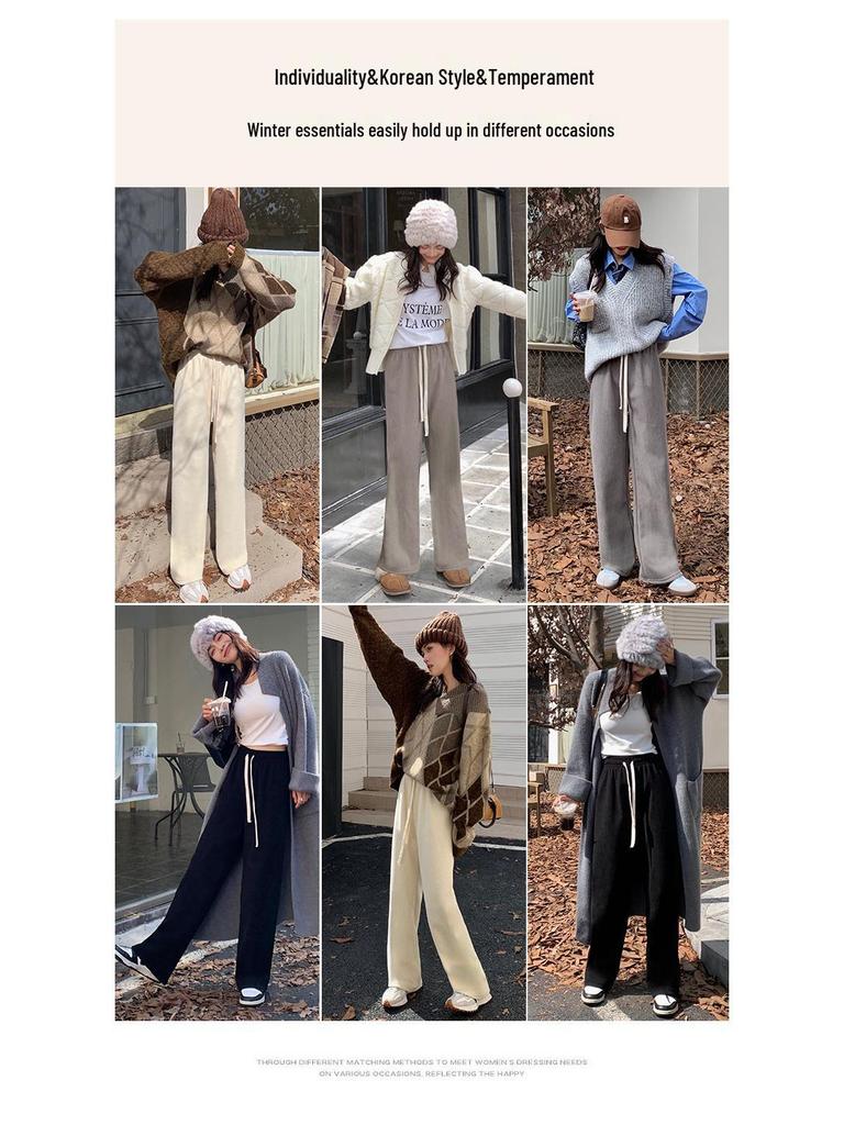 YX Women's Fleece-Lined Knitted Wide-Leg Pants - High-Waisted, Slimming, Ribbed, Warm, Autumn/Winter Casual Wear