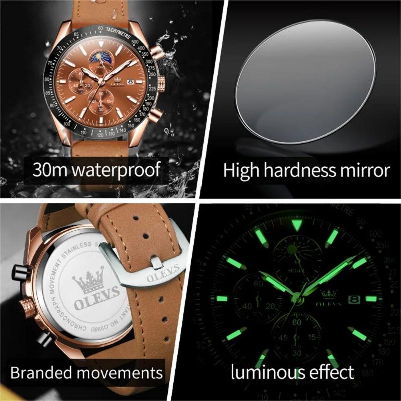 OLEVS Calendar Waterproof Men Business Wristwatch Leather Strip Luminous Quartz Watch