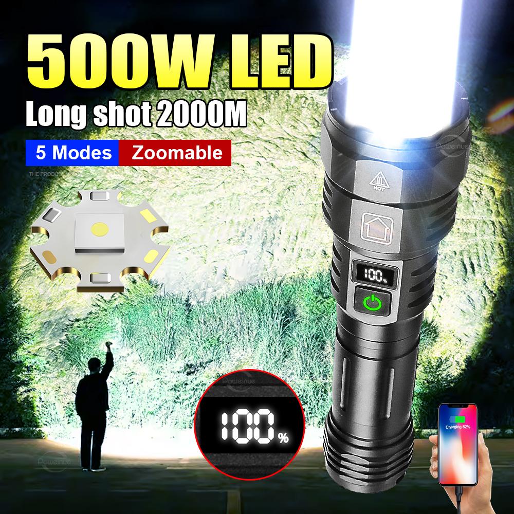 2000M Spotlight LED Flashlight 500W White Laser High Power Flashlight USB Rechargeable Powerful Torch Lantern Hand Lamp