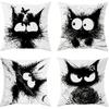 Funny Black Cat Throw Pillow Covers 18x18 Set of 4, Cartoon Gothic Pet Pillow Cases Kit with Zipper, Fun Kids Goth Cat Pillows for Cat Lovers Velvet