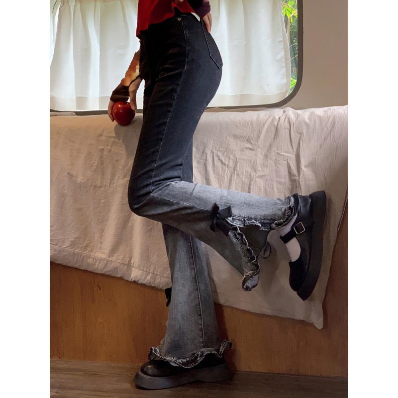 Kawaii милые расклешенные брюки с бантом, женские однотонные тонкие расклешенные джинсы в японском стиле, лето 2023, винтажные джинсовые брюки с высокой талией, шикарные