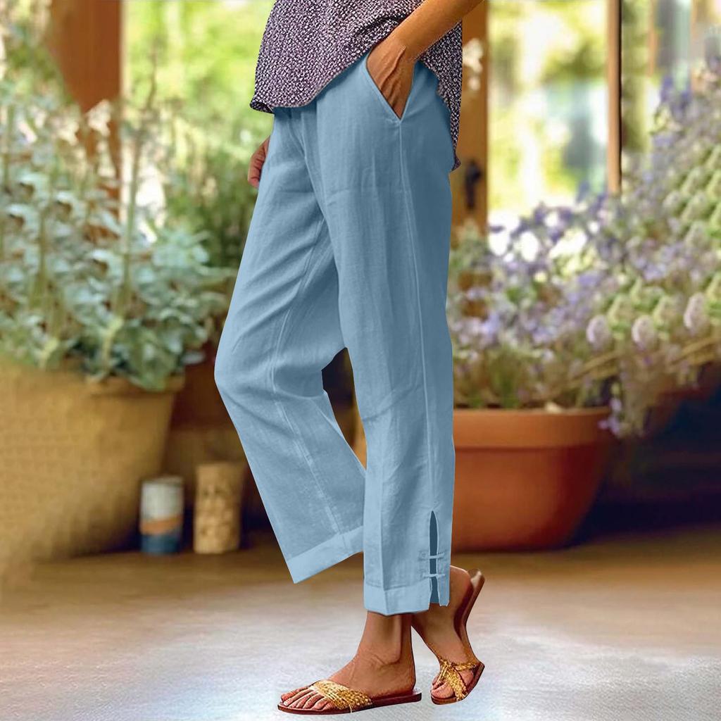 Женские модные повседневные брюки, однотонные прямые брюки с эластичной резинкой на талии и карманами