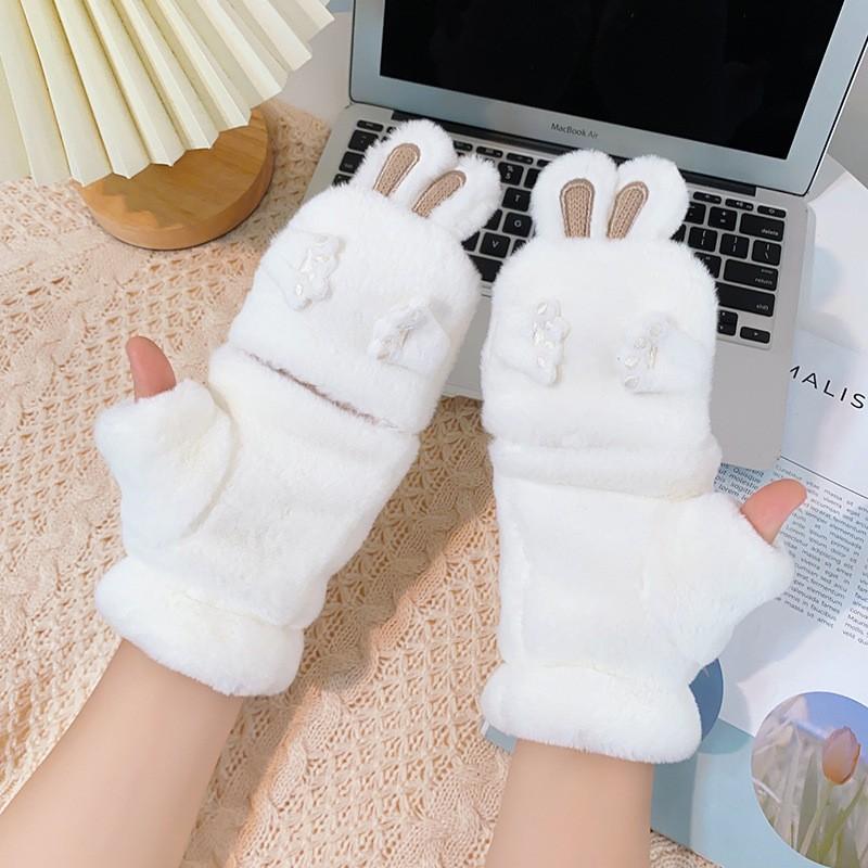 Зимние утепленные и утолщенные теплые перчатки женские, закрывающие лицо, щурящиеся кроличьи уши, милые плюшевые перчатки с застежкой-молнией, студенческие перчатки