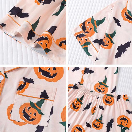 Womens Halloween Pajamas Set Button Down 2 Piece Pjs Shorts Set Pumpkin Print Short Sleeve Sleepwear Sets