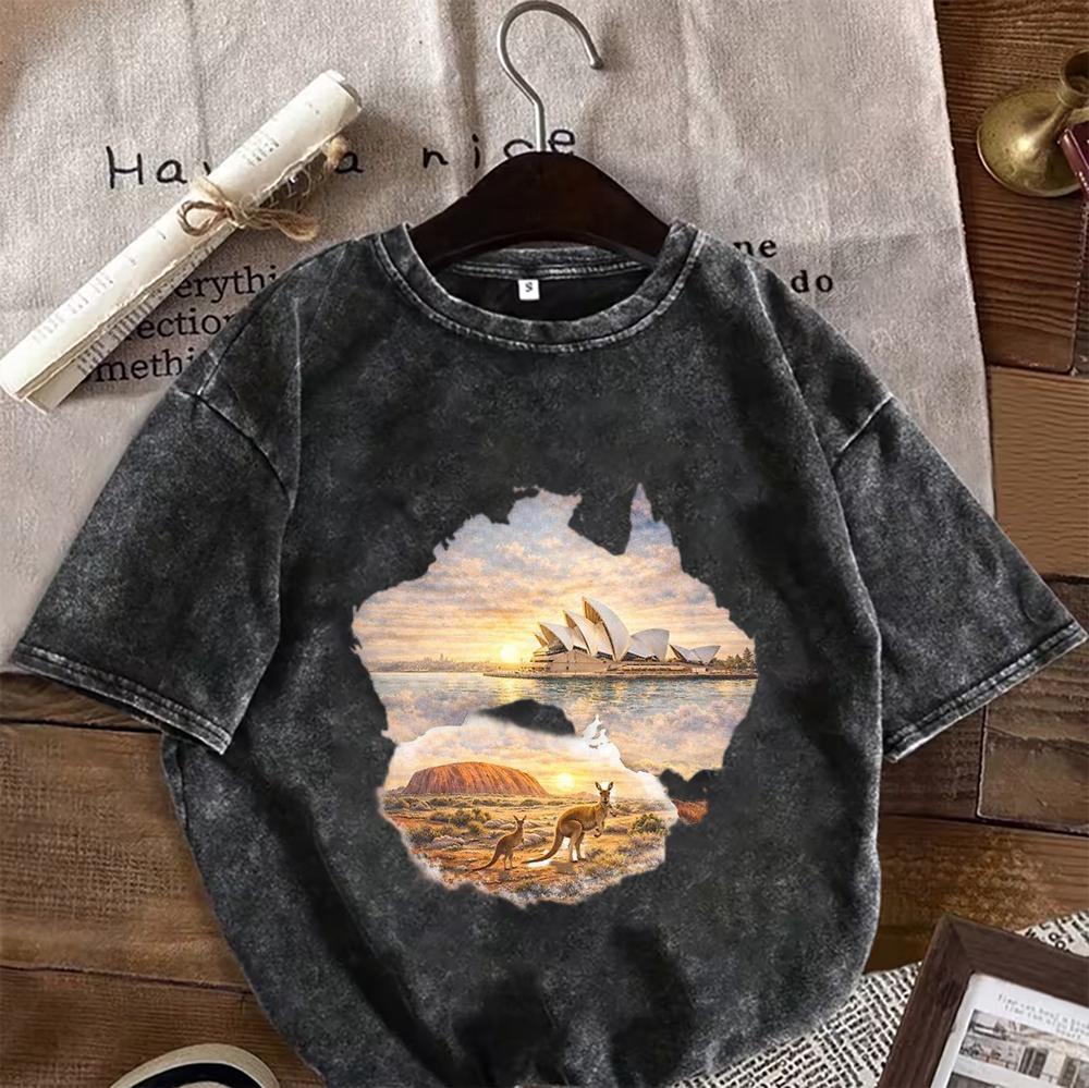 Oversized Cotton Washed Shortsleeved TShirt Northern Lights Waterfall Print Tee Soft Vintage Feel Loose Fit Top for Women Men