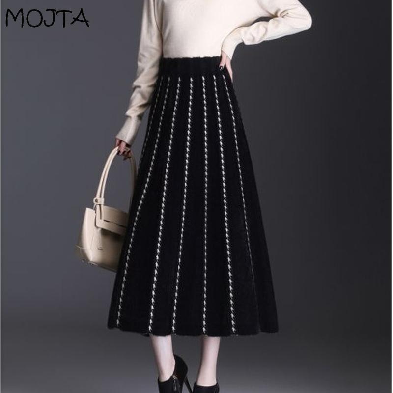 Women's Autumn Winter Midi Knitted Skirt Female Skirt High Waist Thicken Solid Slim Mid-length A-line Pleated Skirt