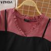 VONDA Women Casual Contrast Color Fake Two Piece V Neck Long Sleeve Blouses