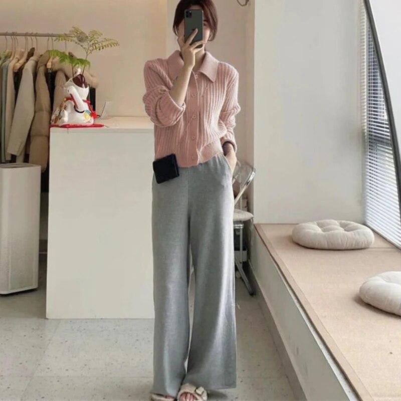 Корейская мода, однотонные вязаные кардиганы, топы для женщин, 2024, свитер с отложным воротником, пальто, женские шикарные мягкие тонкие вязаные кардиганы с длинными рукавами, куртка женская