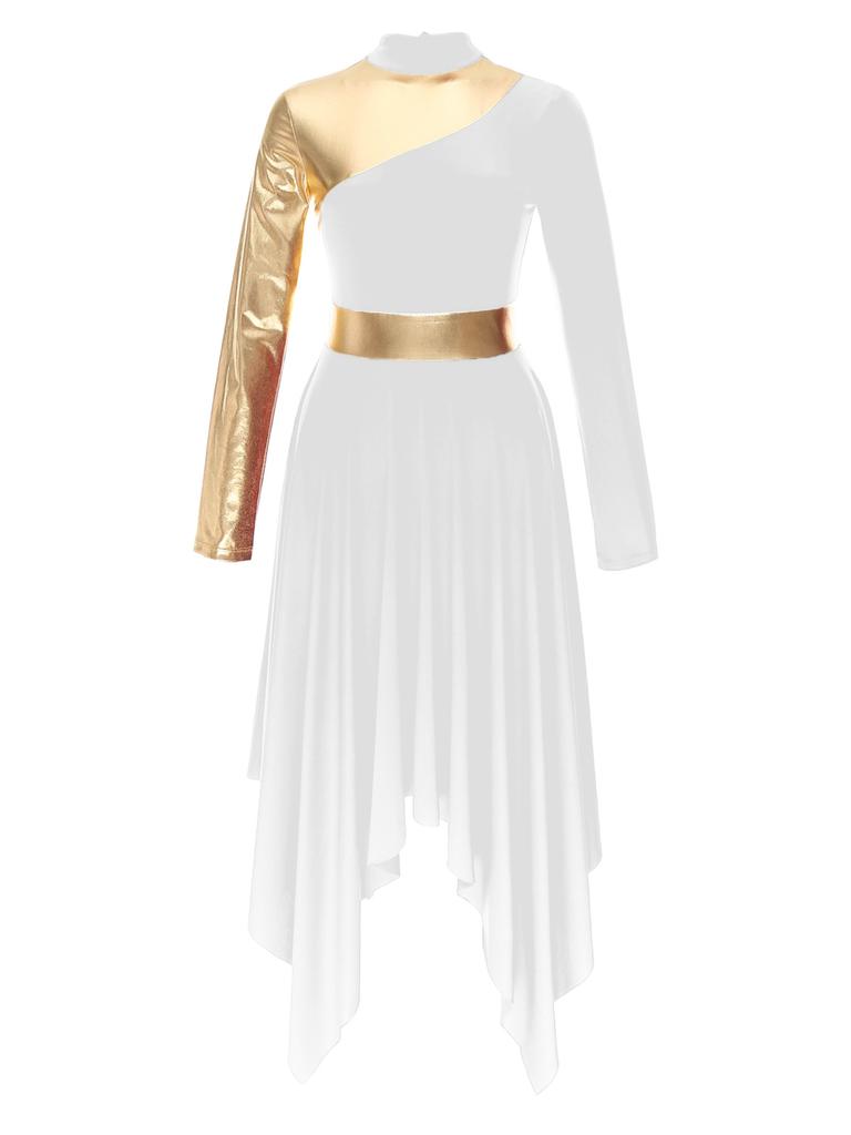 Women Slim Waist Party Gown Praise Liturgical Lyrical Dance Dress High Low Worship Costume Metallic Color Block Dress