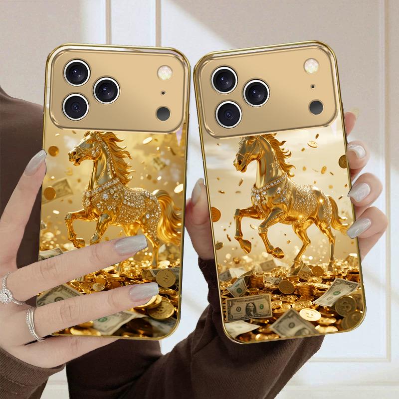 Прекрасный золотой конь Для iPhone Air 16 E 15PRO 14 13 Plus 12 mini 11 17 Pro Max XR 16E 17ProMax 17Pro Золотой стеклянный чехол для телефона
