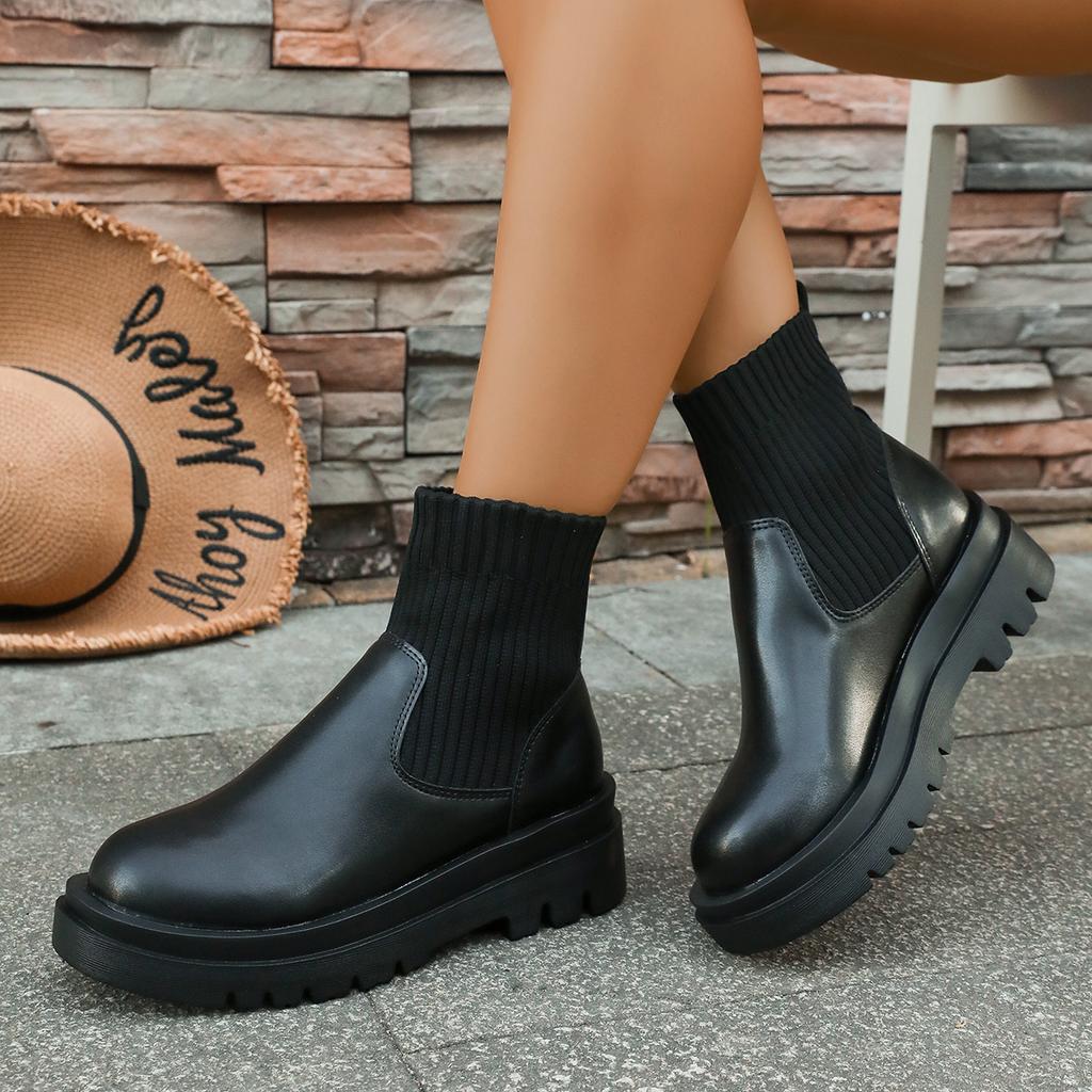 Fashion Women Boots 2025 Autumn Winter Fashion Women Chelsea Boots Female Outdoor Leather Ankle Boots Knitted Sexy Platform Shoes Ladies