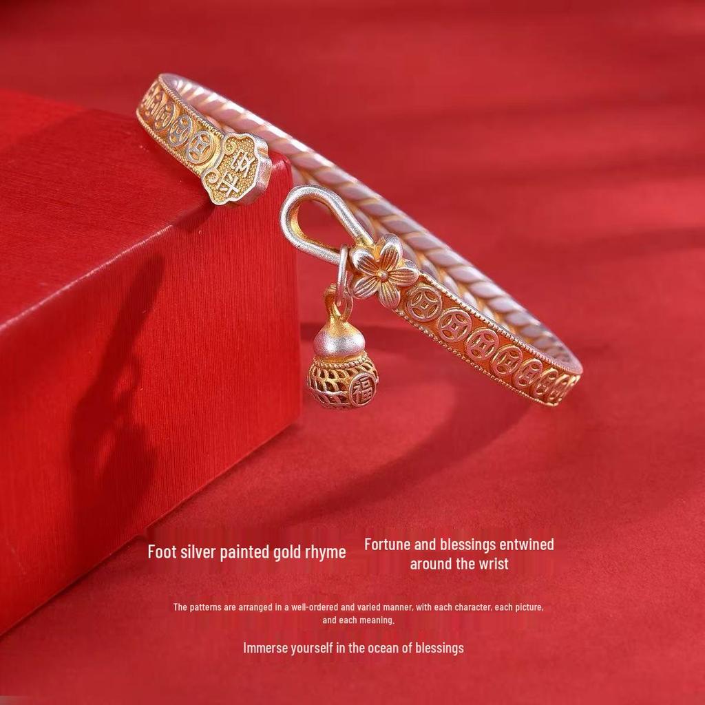 Sterling Silver Gourd Bracelet with Gold Inlay – Openable Fu Lu Design for Women, Light Luxury Gift.